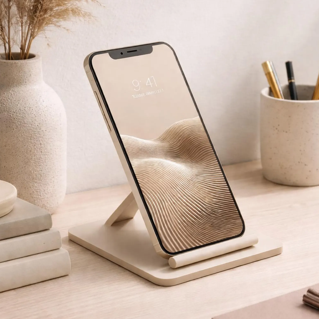Sleek Geometric Smartphone Support Dock, Neutral Tone Device Holder For Bedside Surfaces And Work Desktops