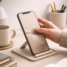 Load image into Gallery viewer, Sleek Geometric Smartphone Support Dock, Neutral Tone Device Holder For Bedside Surfaces And Work Desktops
