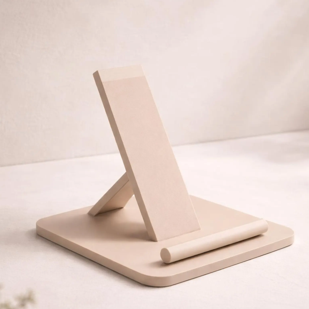 Sleek Geometric Smartphone Support Dock, Neutral Tone Device Holder For Bedside Surfaces And Work Desktops