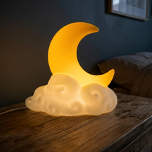 Load image into Gallery viewer, Crescent Moon On Cloud Sculptural LED Lamp, Dual-Tone Ambient Bedside Lighting With Customizable Illumination Shades