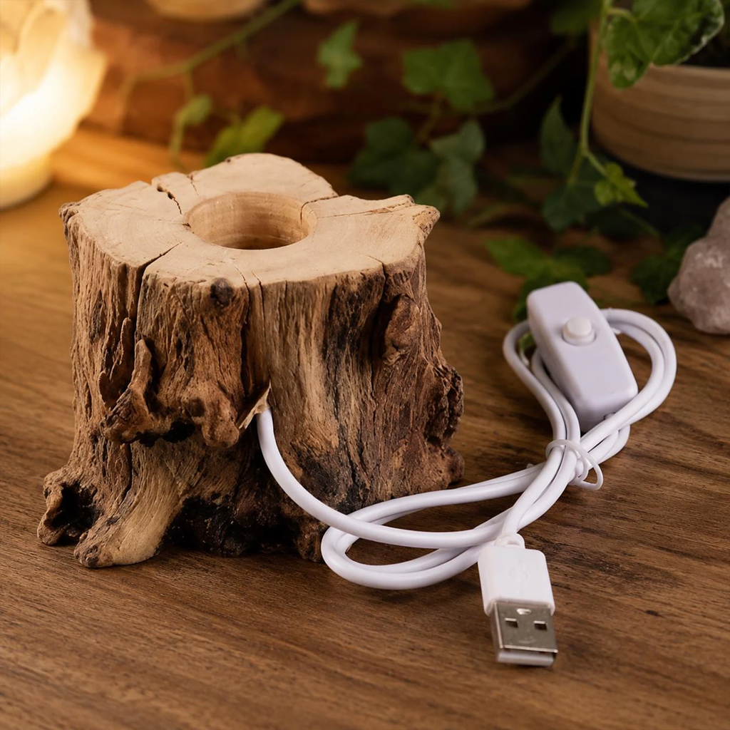 Rustic Tree Stump LED Light Base, USB Powered Illuminated Display Holder For Crystal Spheres And Decorative Ornaments