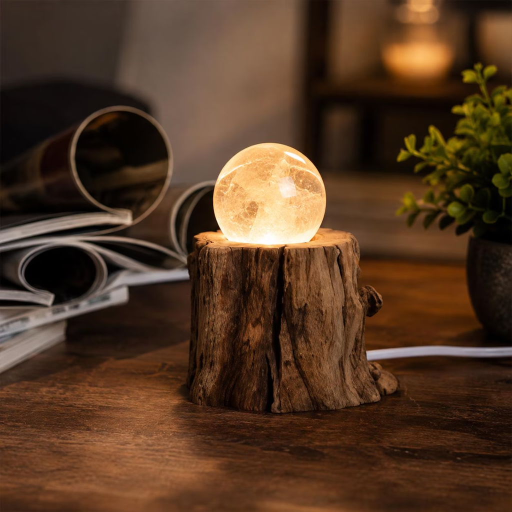 Rustic Tree Stump LED Light Base, USB Powered Illuminated Display Holder For Crystal Spheres And Decorative Ornaments